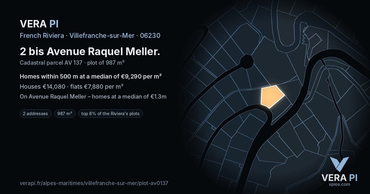 2 bis Avenue Raquel Meller, Villefranche-sur-Mer at night – the plot lit, the parcels around coloured by the prices near them