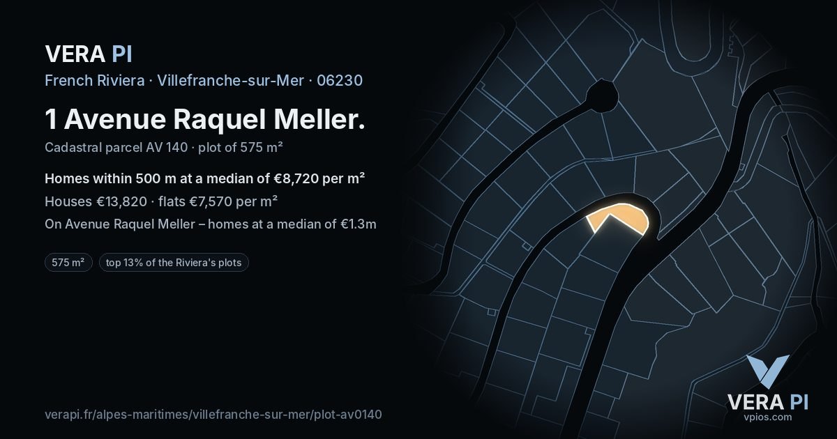 1 Avenue Raquel Meller, Villefranche-sur-Mer at night – the plot lit, the parcels around coloured by the prices near them