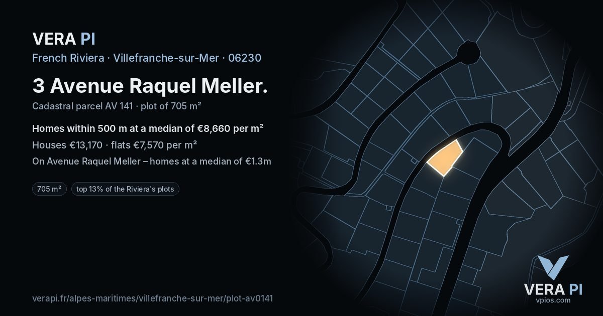 3 Avenue Raquel Meller, Villefranche-sur-Mer at night – the plot lit, the parcels around coloured by the prices near them