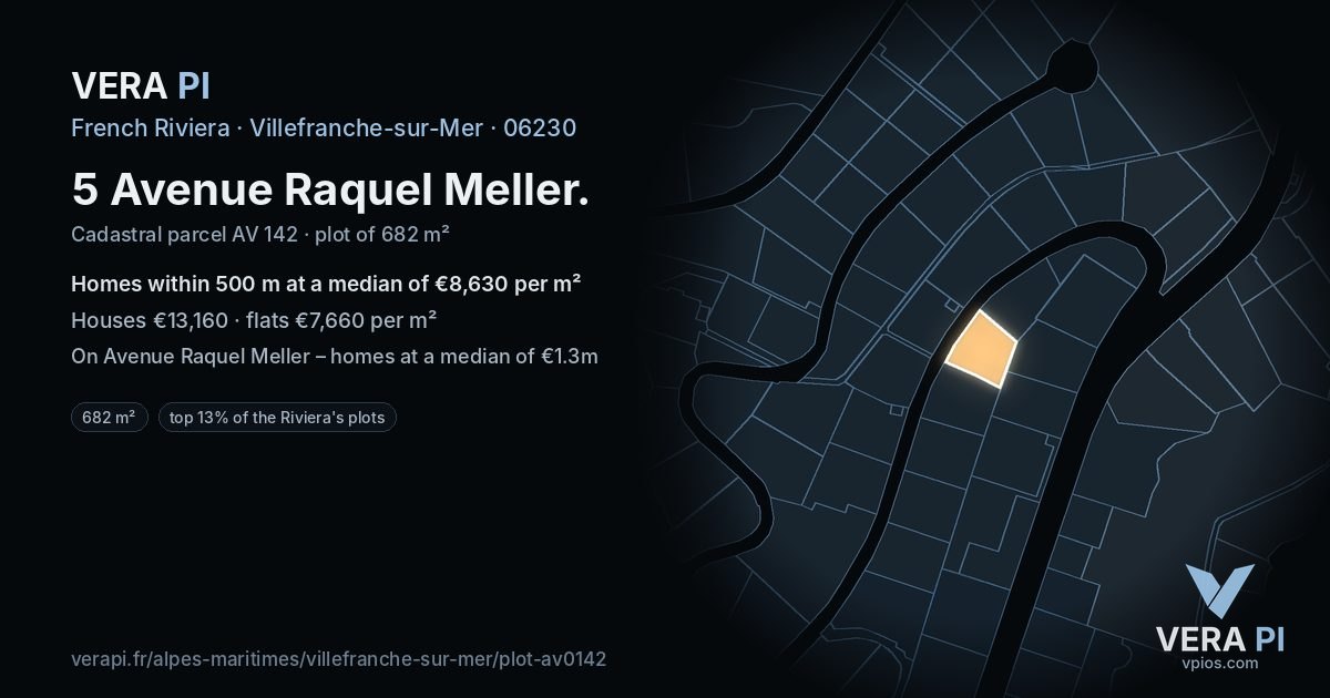 5 Avenue Raquel Meller, Villefranche-sur-Mer at night – the plot lit, the parcels around coloured by the prices near them