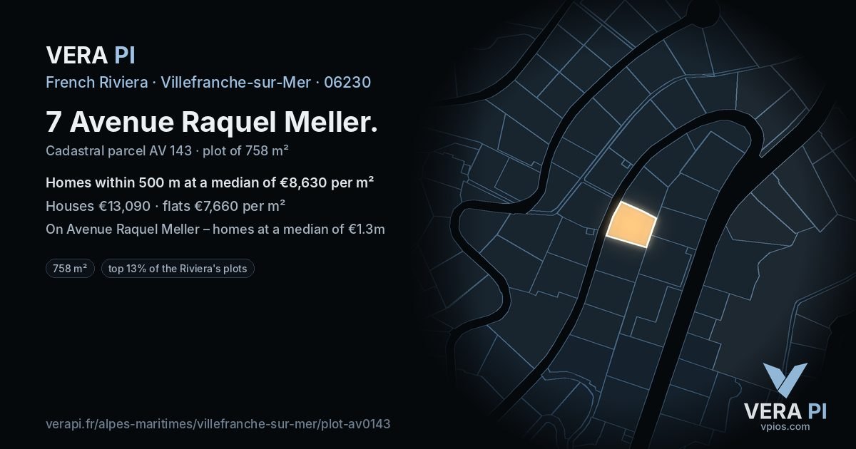 7 Avenue Raquel Meller, Villefranche-sur-Mer at night – the plot lit, the parcels around coloured by the prices near them