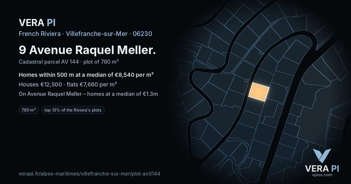 9 Avenue Raquel Meller, Villefranche-sur-Mer at night – the plot lit, the parcels around coloured by the prices near them