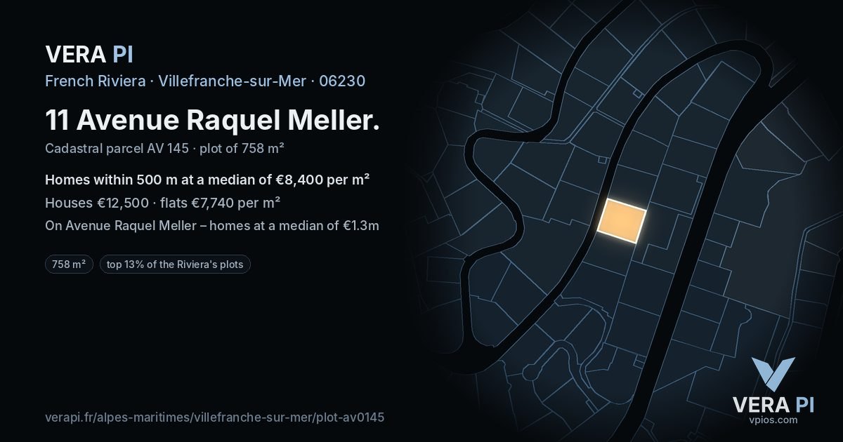 11 Avenue Raquel Meller, Villefranche-sur-Mer at night – the plot lit, the parcels around coloured by the prices near them