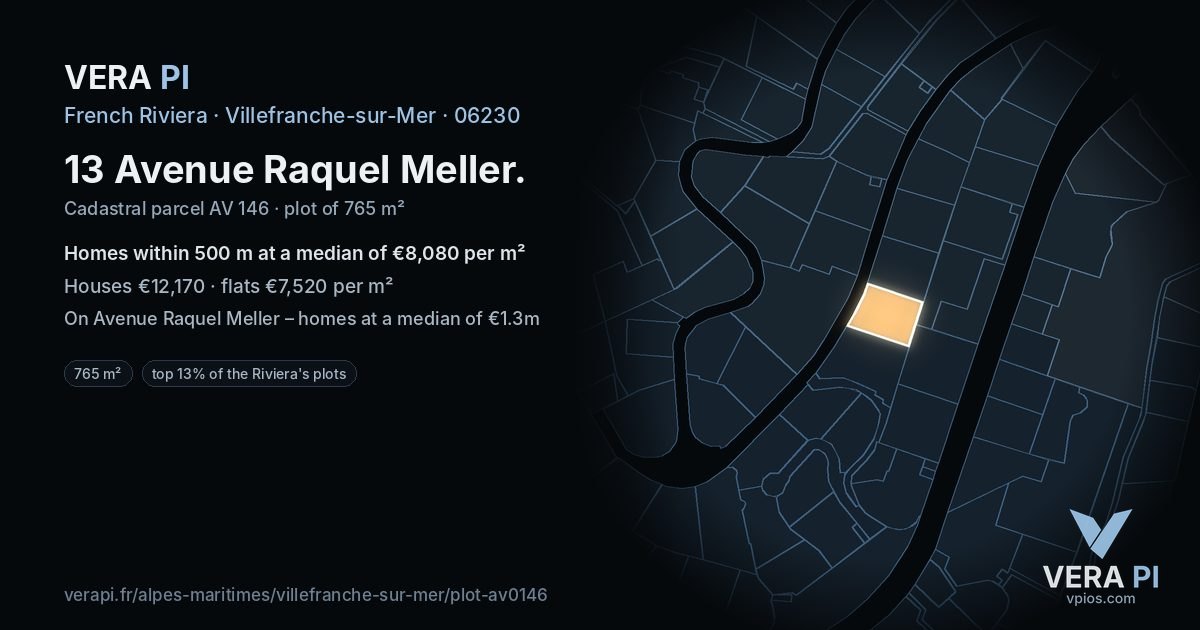 13 Avenue Raquel Meller, Villefranche-sur-Mer at night – the plot lit, the parcels around coloured by the prices near them