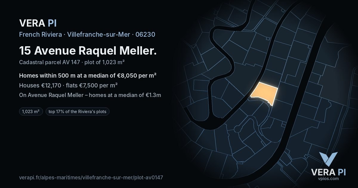 15 Avenue Raquel Meller, Villefranche-sur-Mer at night – the plot lit, the parcels around coloured by the prices near them