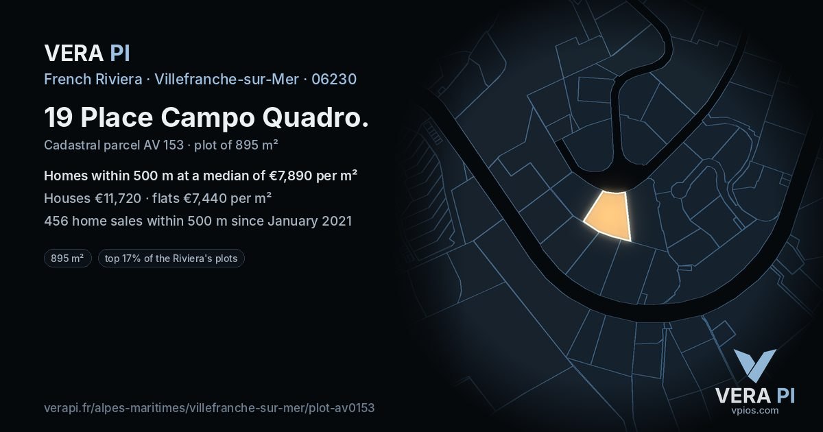 19 Place Campo Quadro, Villefranche-sur-Mer at night – the plot lit, the parcels around coloured by the prices near them