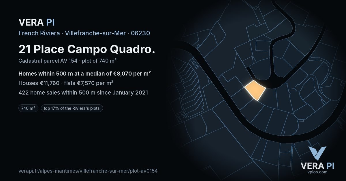 21 Place Campo Quadro, Villefranche-sur-Mer at night – the plot lit, the parcels around coloured by the prices near them