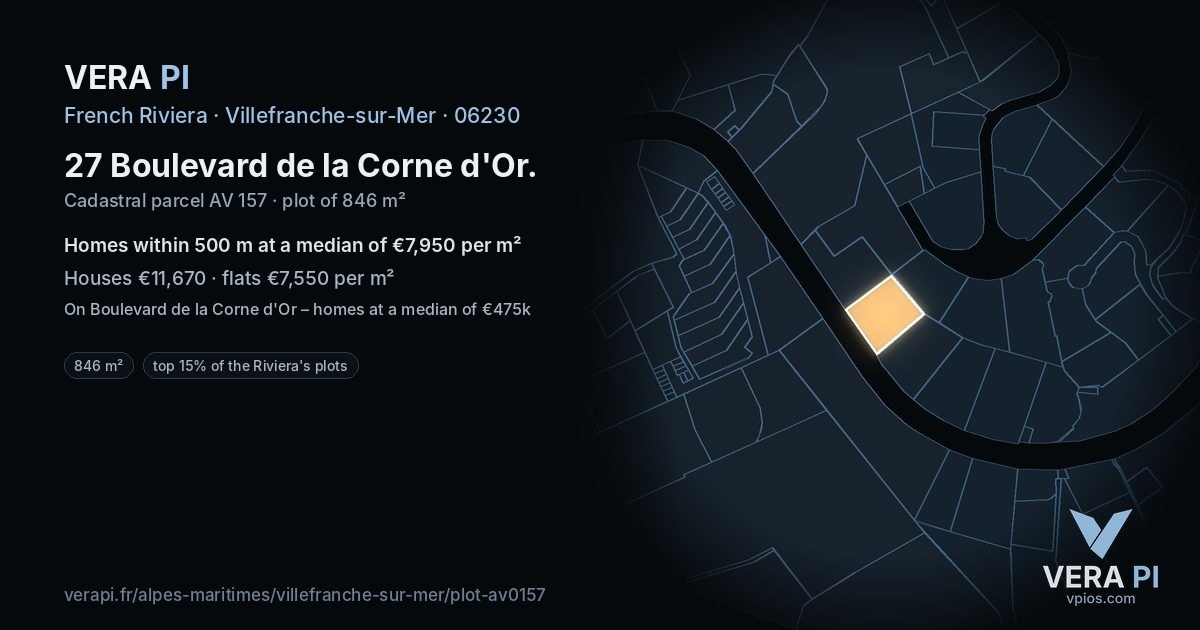 27 Boulevard de la Corne d'Or, Villefranche-sur-Mer at night – the plot lit, the parcels around coloured by the prices near them