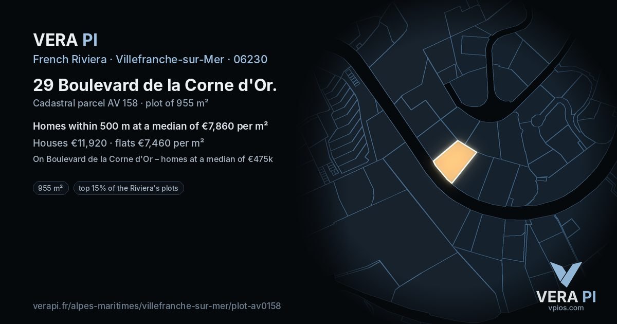 29 Boulevard de la Corne d'Or, Villefranche-sur-Mer at night – the plot lit, the parcels around coloured by the prices near them