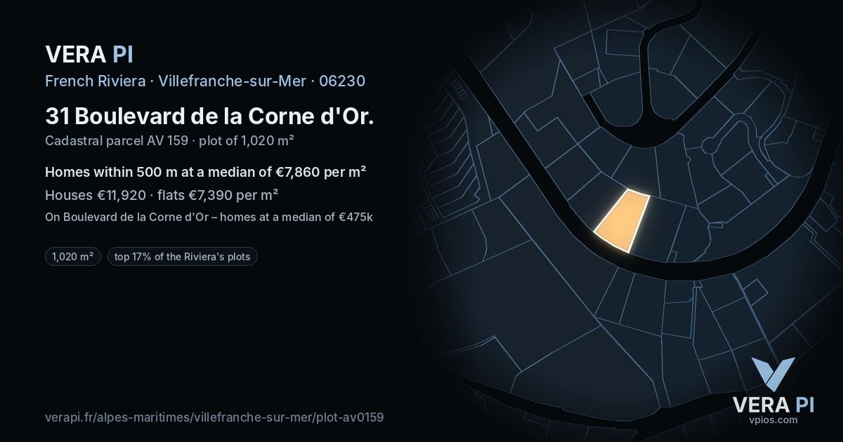 31 Boulevard de la Corne d'Or, Villefranche-sur-Mer at night – the plot lit, the parcels around coloured by the prices near them