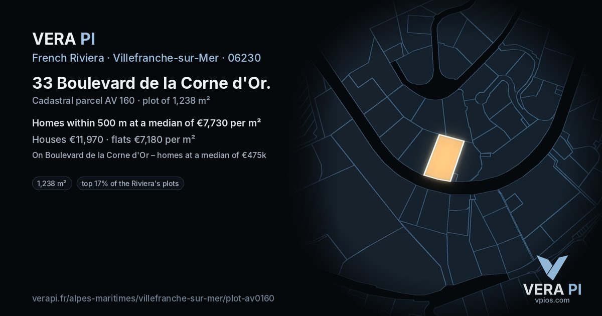 33 Boulevard de la Corne d'Or, Villefranche-sur-Mer at night – the plot lit, the parcels around coloured by the prices near them