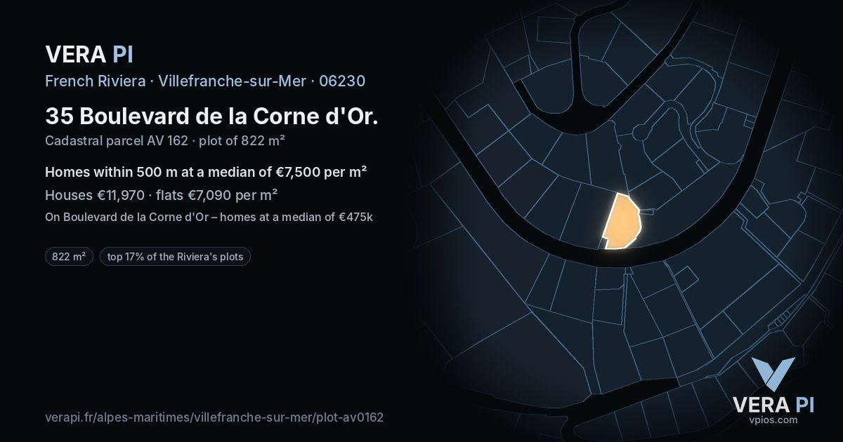 35 Boulevard de la Corne d'Or, Villefranche-sur-Mer at night – the plot lit, the parcels around coloured by the prices near them