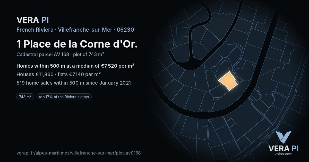 1 Place de la Corne d'Or, Villefranche-sur-Mer at night – the plot lit, the parcels around coloured by the prices near them