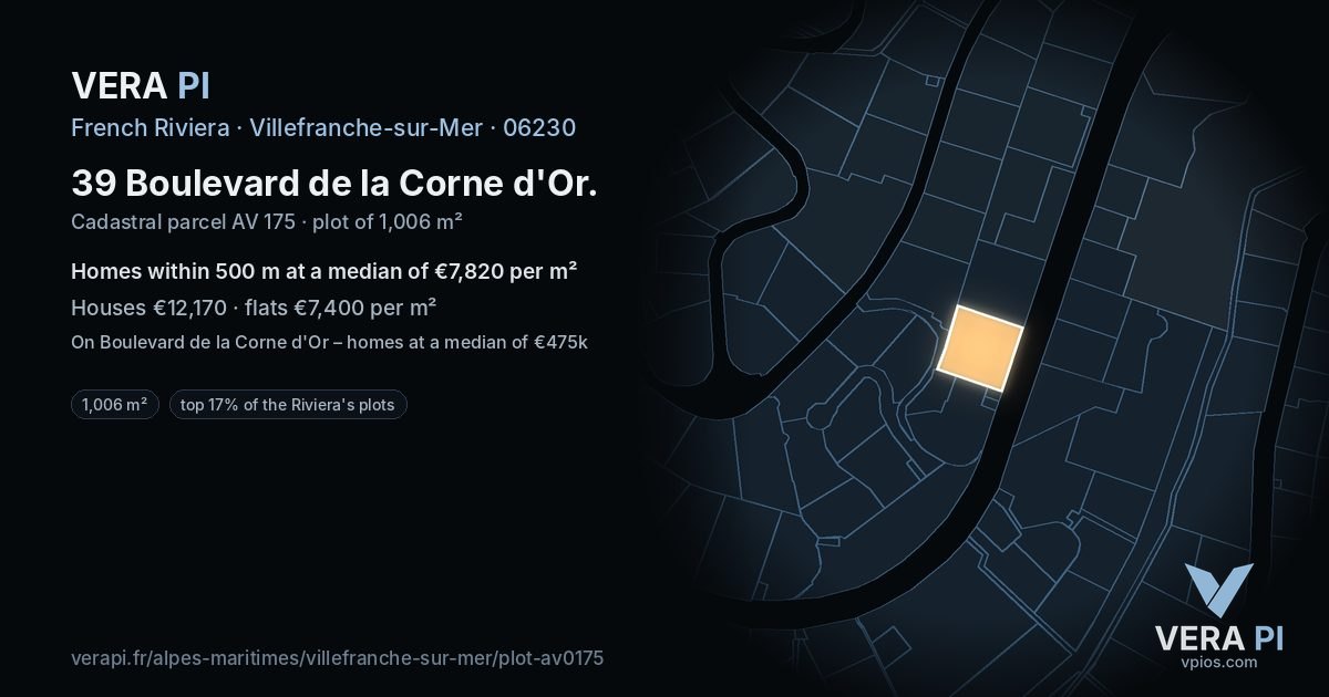 39 Boulevard de la Corne d'Or, Villefranche-sur-Mer at night – the plot lit, the parcels around coloured by the prices near them