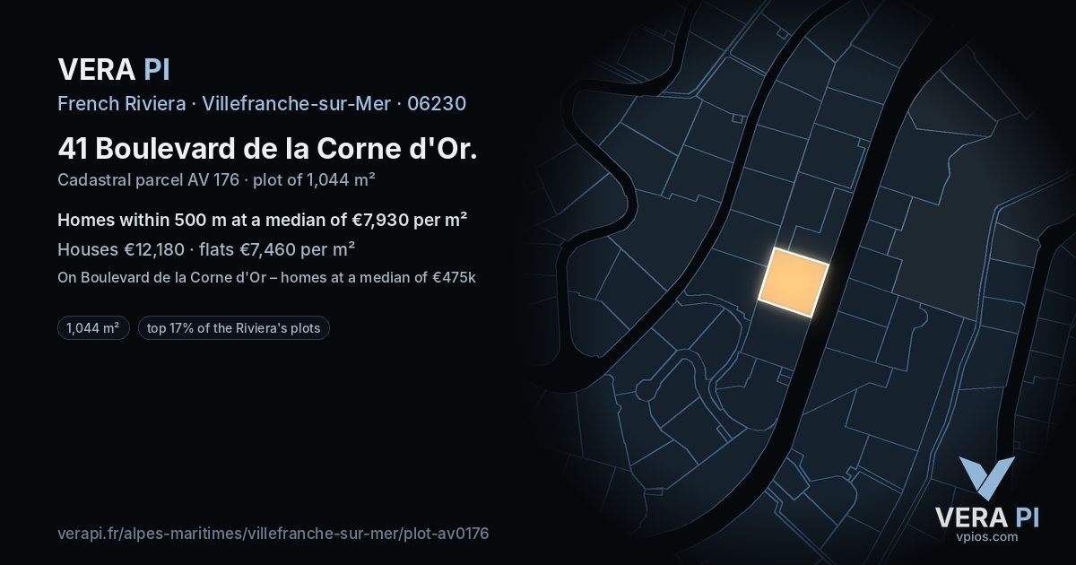 41 Boulevard de la Corne d'Or, Villefranche-sur-Mer at night – the plot lit, the parcels around coloured by the prices near them