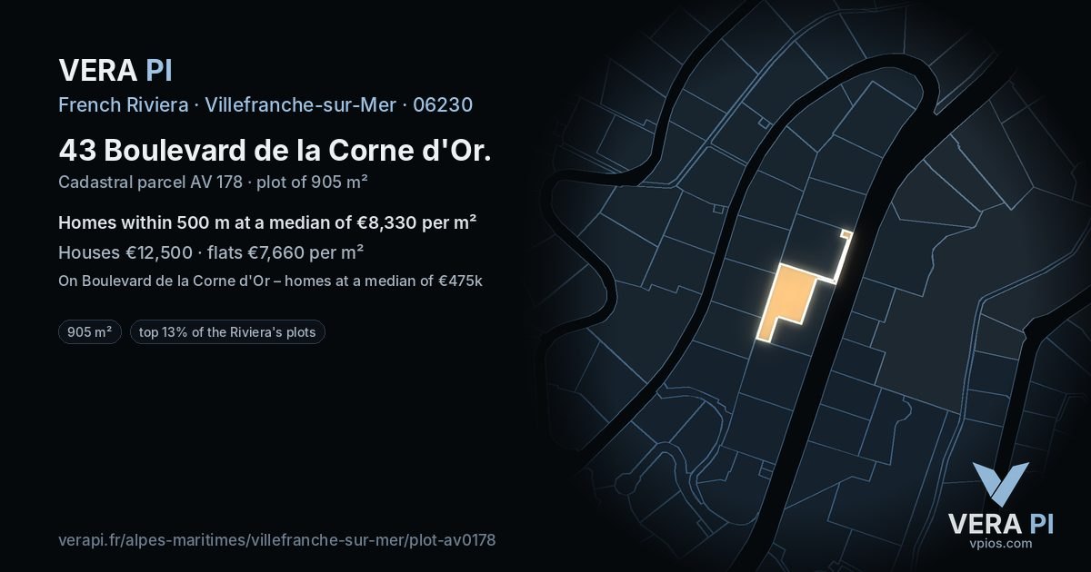 43 Boulevard de la Corne d'Or, Villefranche-sur-Mer at night – the plot lit, the parcels around coloured by the prices near them