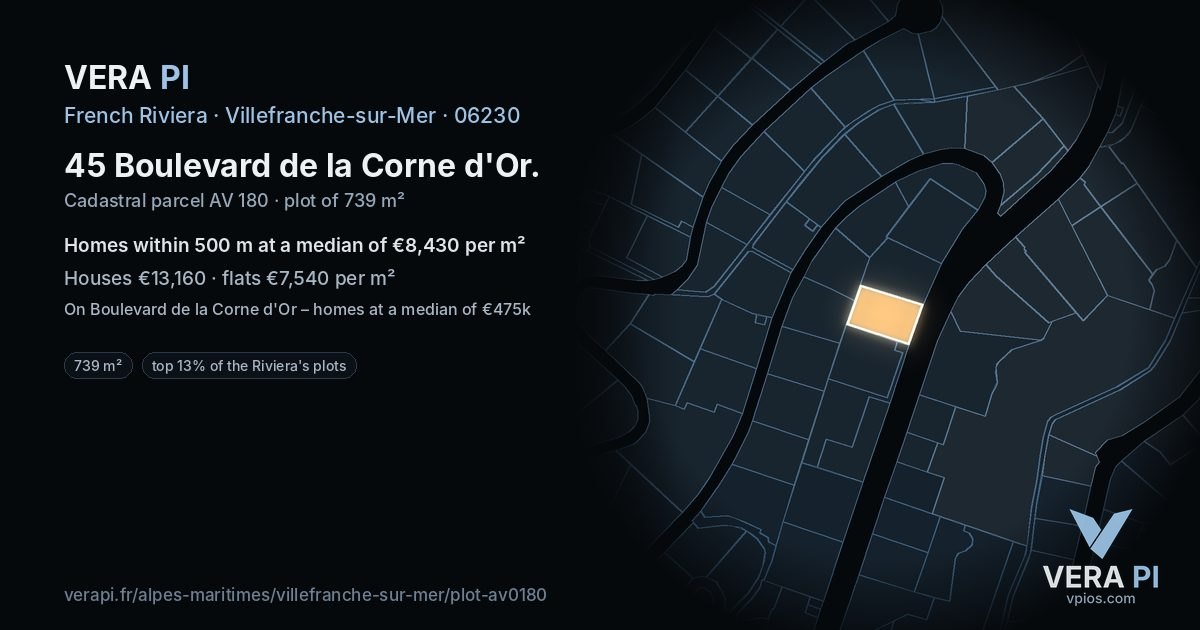 45 Boulevard de la Corne d'Or, Villefranche-sur-Mer at night – the plot lit, the parcels around coloured by the prices near them
