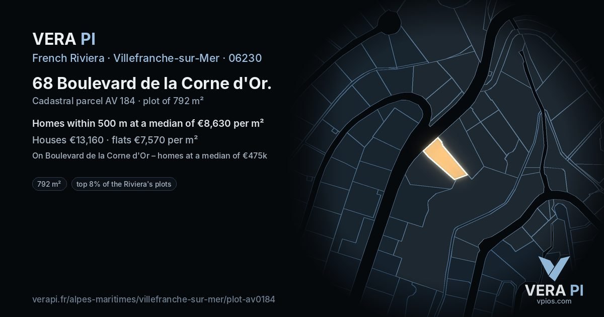 68 Boulevard de la Corne d'Or, Villefranche-sur-Mer at night – the plot lit, the parcels around coloured by the prices near them