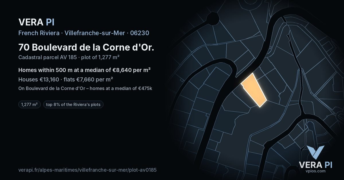 70 Boulevard de la Corne d'Or, Villefranche-sur-Mer at night – the plot lit, the parcels around coloured by the prices near them