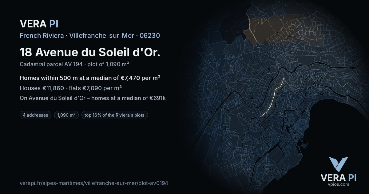 18 Avenue du Soleil d'Or, Villefranche-sur-Mer at night – the plot lit, the parcels around coloured by the prices near them