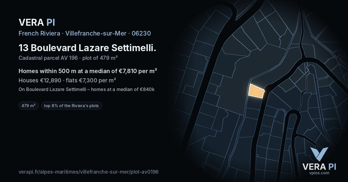 13 Boulevard Lazare Settimelli, Villefranche-sur-Mer at night – the plot lit, the parcels around coloured by the prices near them