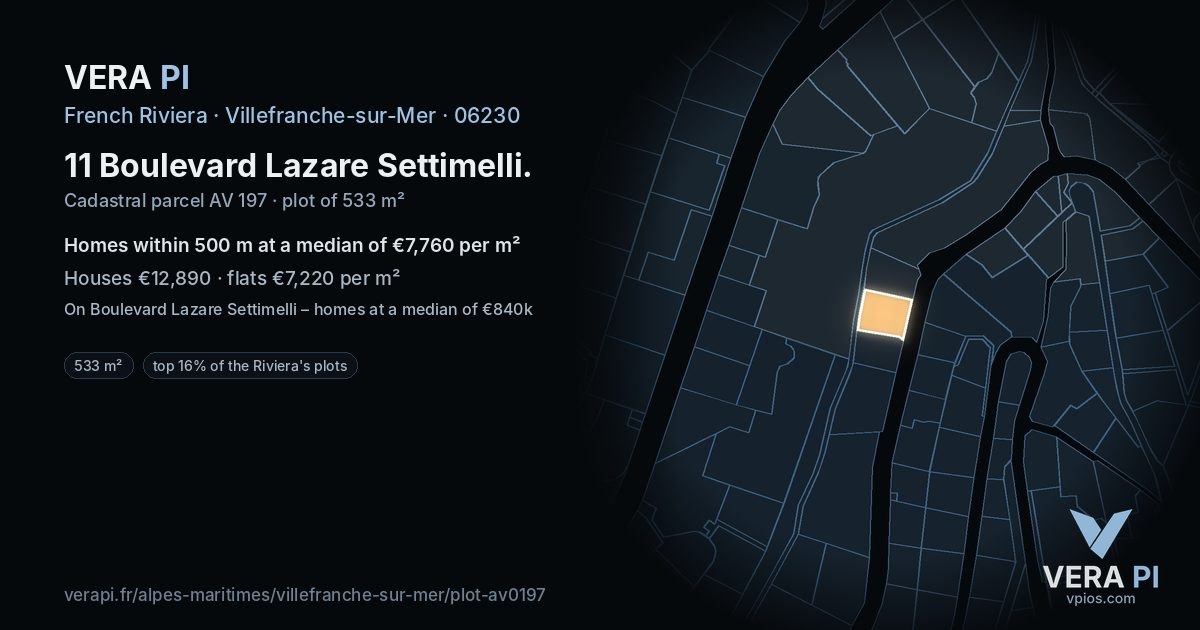 11 Boulevard Lazare Settimelli, Villefranche-sur-Mer at night – the plot lit, the parcels around coloured by the prices near them