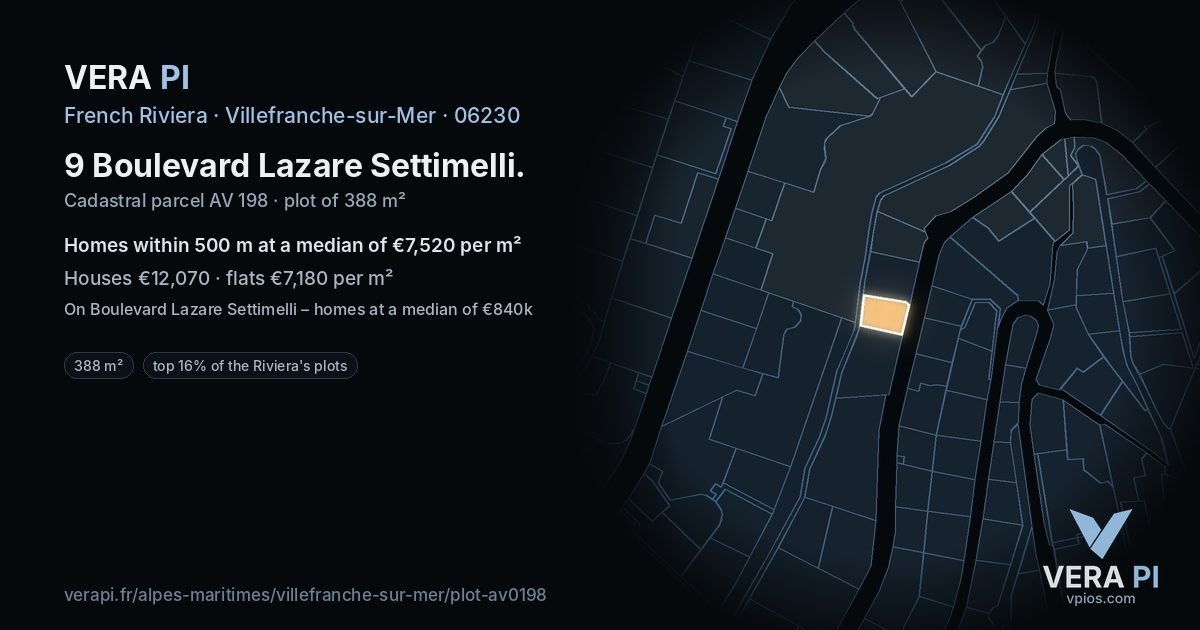 9 Boulevard Lazare Settimelli, Villefranche-sur-Mer at night – the plot lit, the parcels around coloured by the prices near them
