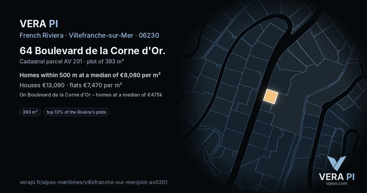 64 Boulevard de la Corne d'Or, Villefranche-sur-Mer at night – the plot lit, the parcels around coloured by the prices near them