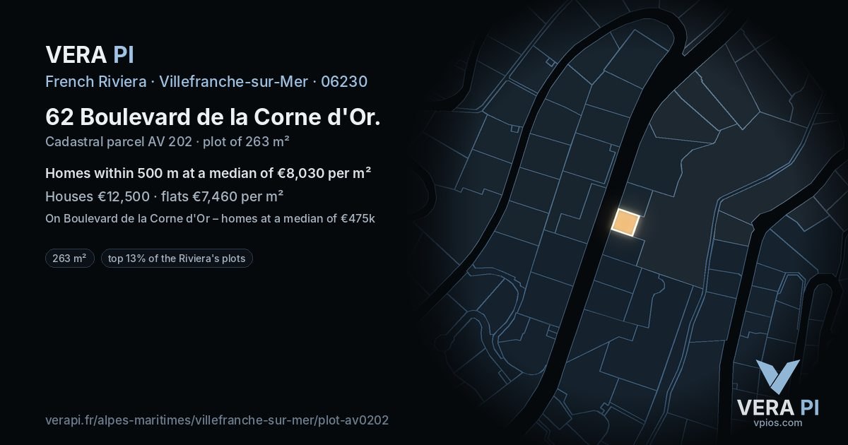 62 Boulevard de la Corne d'Or, Villefranche-sur-Mer at night – the plot lit, the parcels around coloured by the prices near them
