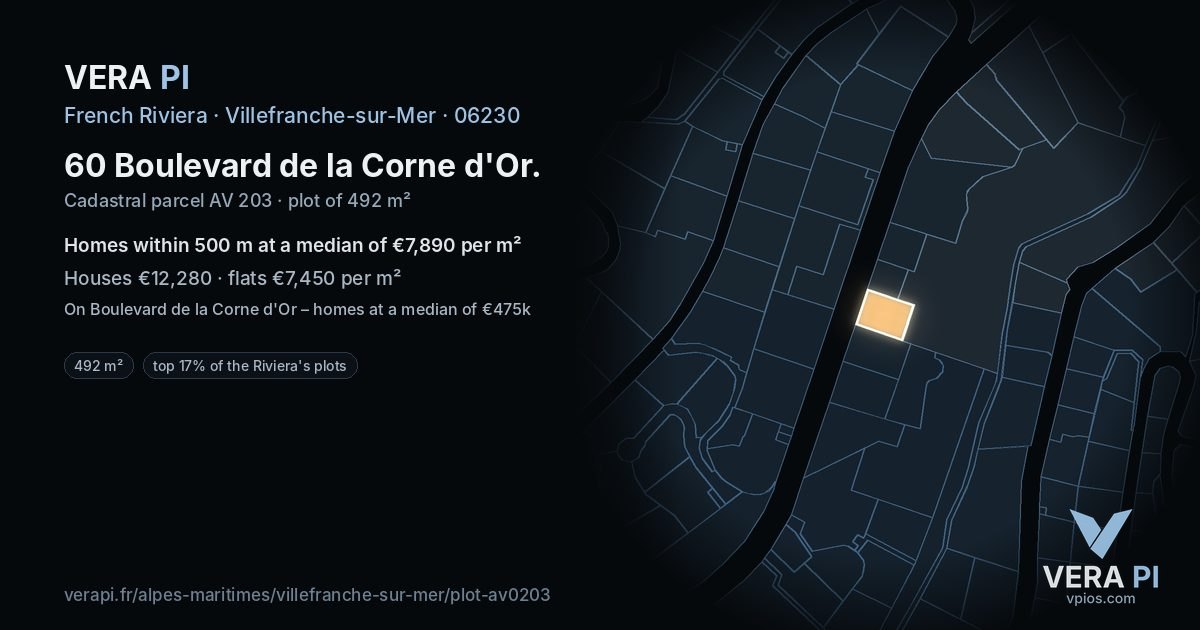 60 Boulevard de la Corne d'Or, Villefranche-sur-Mer at night – the plot lit, the parcels around coloured by the prices near them