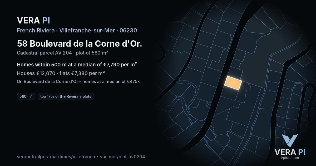58 Boulevard de la Corne d'Or, Villefranche-sur-Mer at night – the plot lit, the parcels around coloured by the prices near them