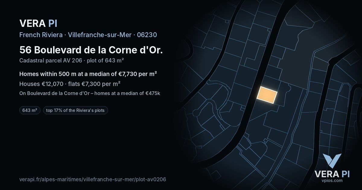 56 Boulevard de la Corne d'Or, Villefranche-sur-Mer at night – the plot lit, the parcels around coloured by the prices near them