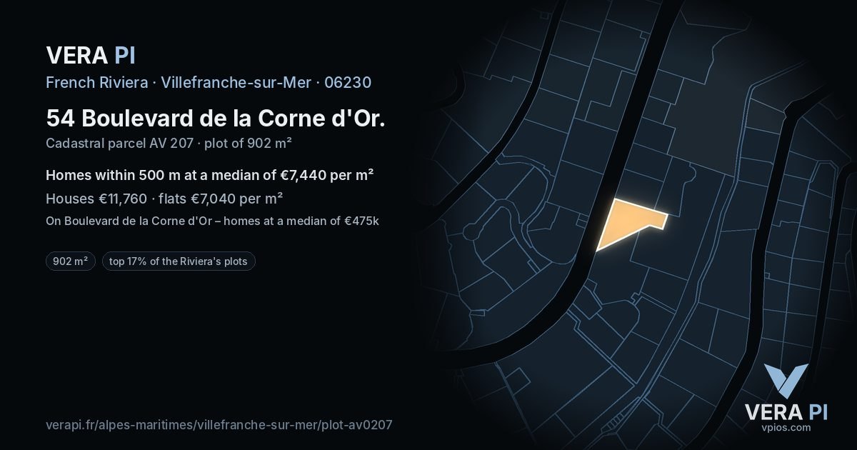 54 Boulevard de la Corne d'Or, Villefranche-sur-Mer at night – the plot lit, the parcels around coloured by the prices near them