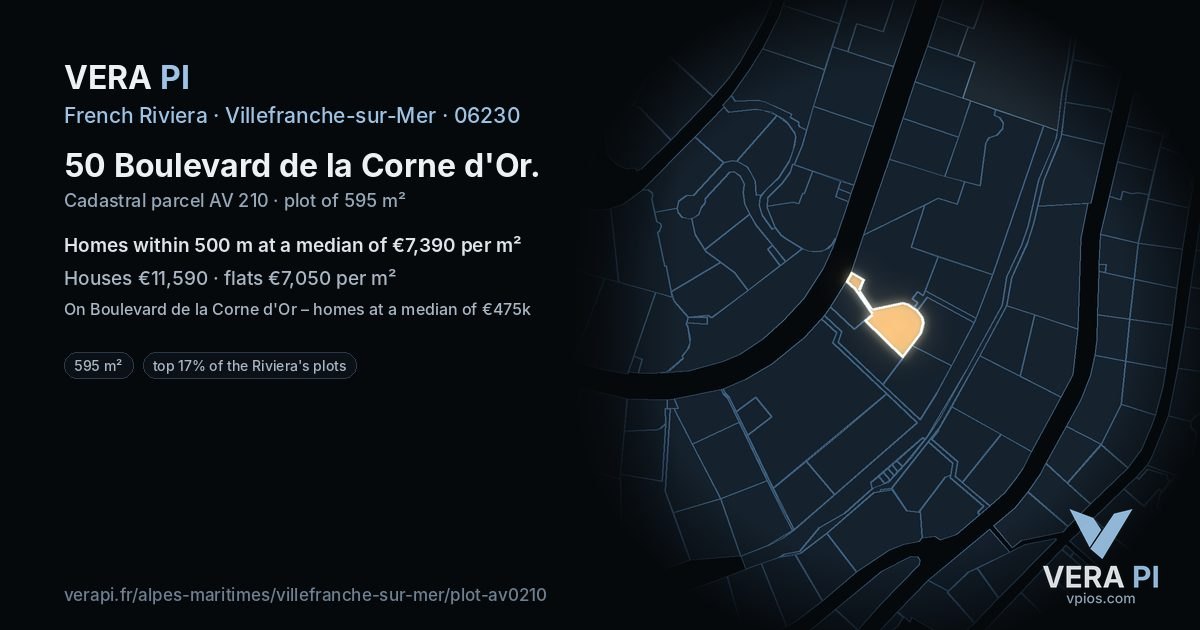 50 Boulevard de la Corne d'Or, Villefranche-sur-Mer at night – the plot lit, the parcels around coloured by the prices near them