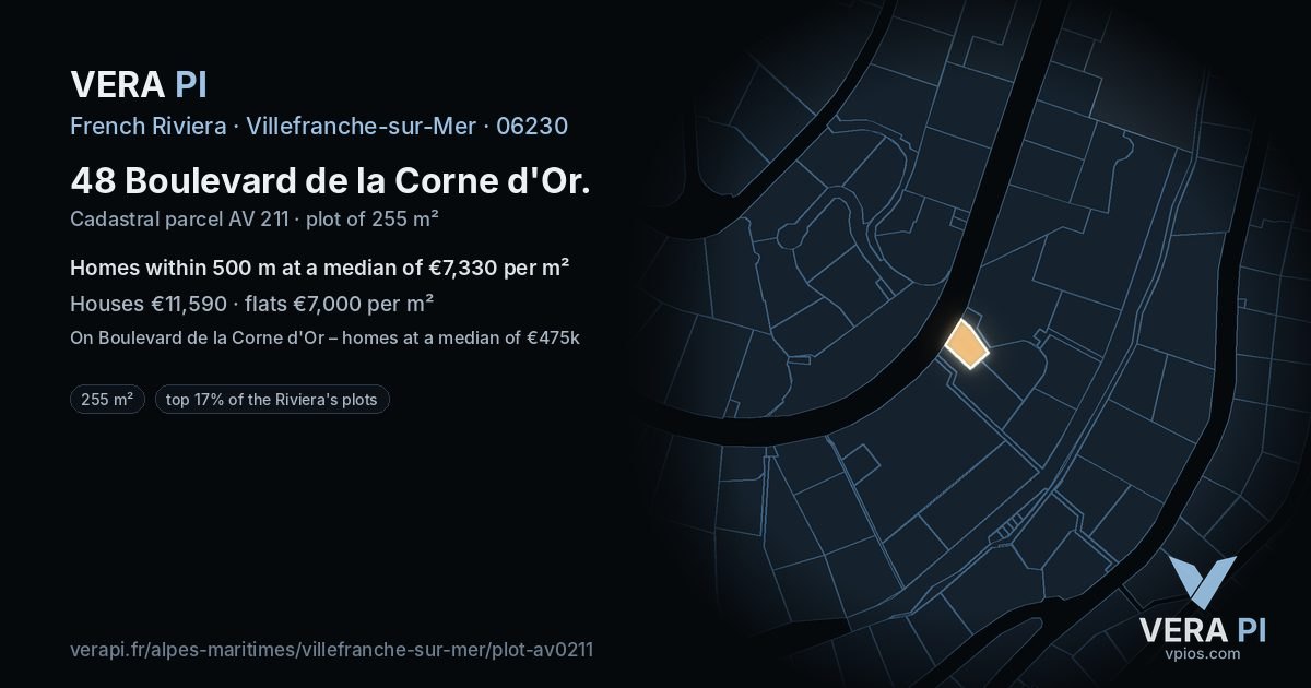 48 Boulevard de la Corne d'Or, Villefranche-sur-Mer at night – the plot lit, the parcels around coloured by the prices near them