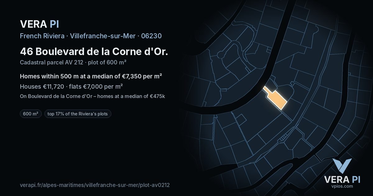 46 Boulevard de la Corne d'Or, Villefranche-sur-Mer at night – the plot lit, the parcels around coloured by the prices near them