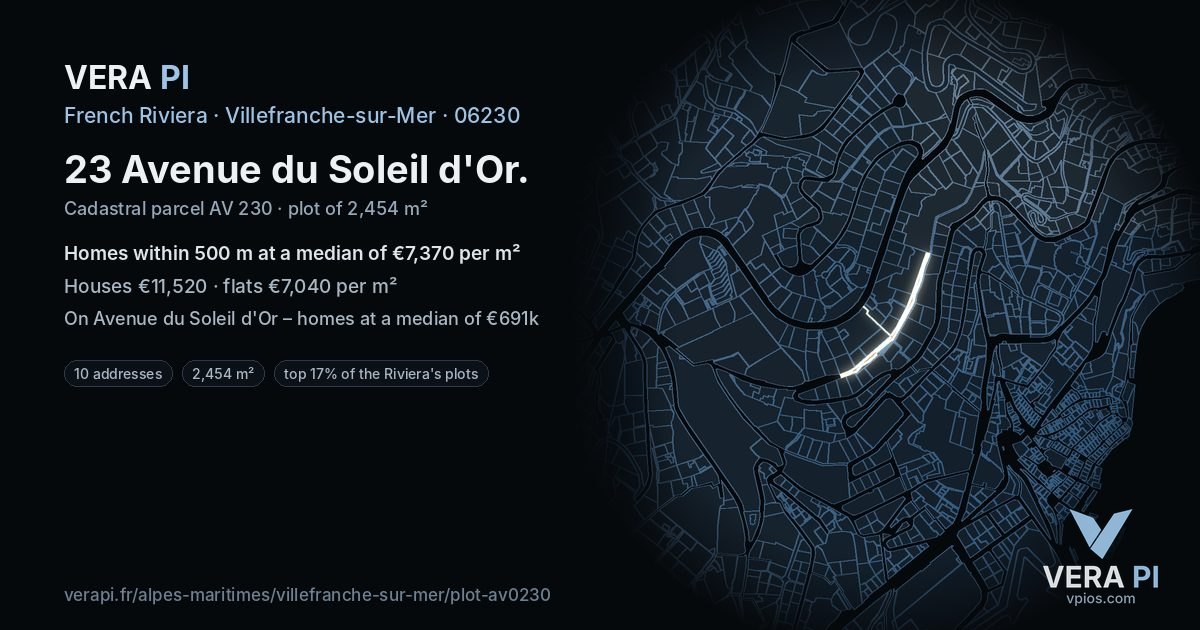 23 Avenue du Soleil d'Or, Villefranche-sur-Mer at night – the plot lit, the parcels around coloured by the prices near them