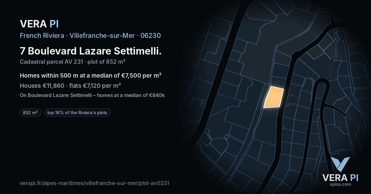 7 Boulevard Lazare Settimelli, Villefranche-sur-Mer at night – the plot lit, the parcels around coloured by the prices near them