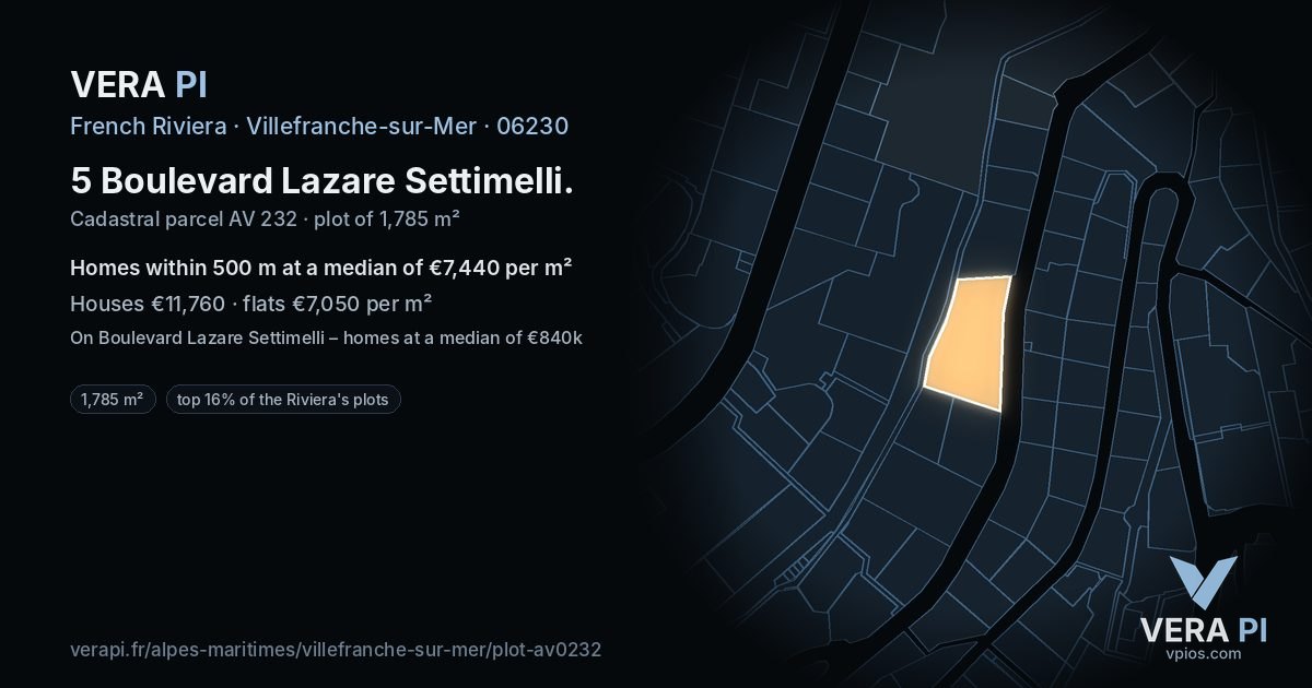 5 Boulevard Lazare Settimelli, Villefranche-sur-Mer at night – the plot lit, the parcels around coloured by the prices near them