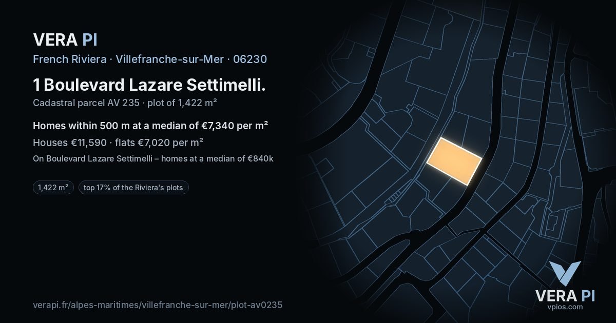 1 Boulevard Lazare Settimelli, Villefranche-sur-Mer at night – the plot lit, the parcels around coloured by the prices near them