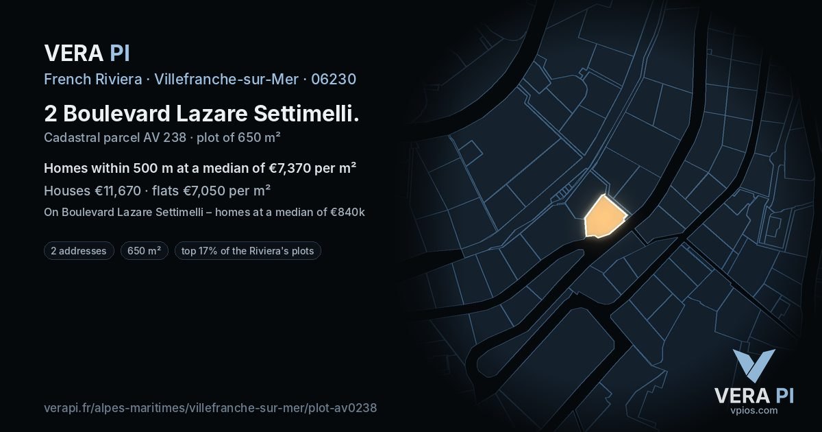 2 Boulevard Lazare Settimelli, Villefranche-sur-Mer at night – the plot lit, the parcels around coloured by the prices near them