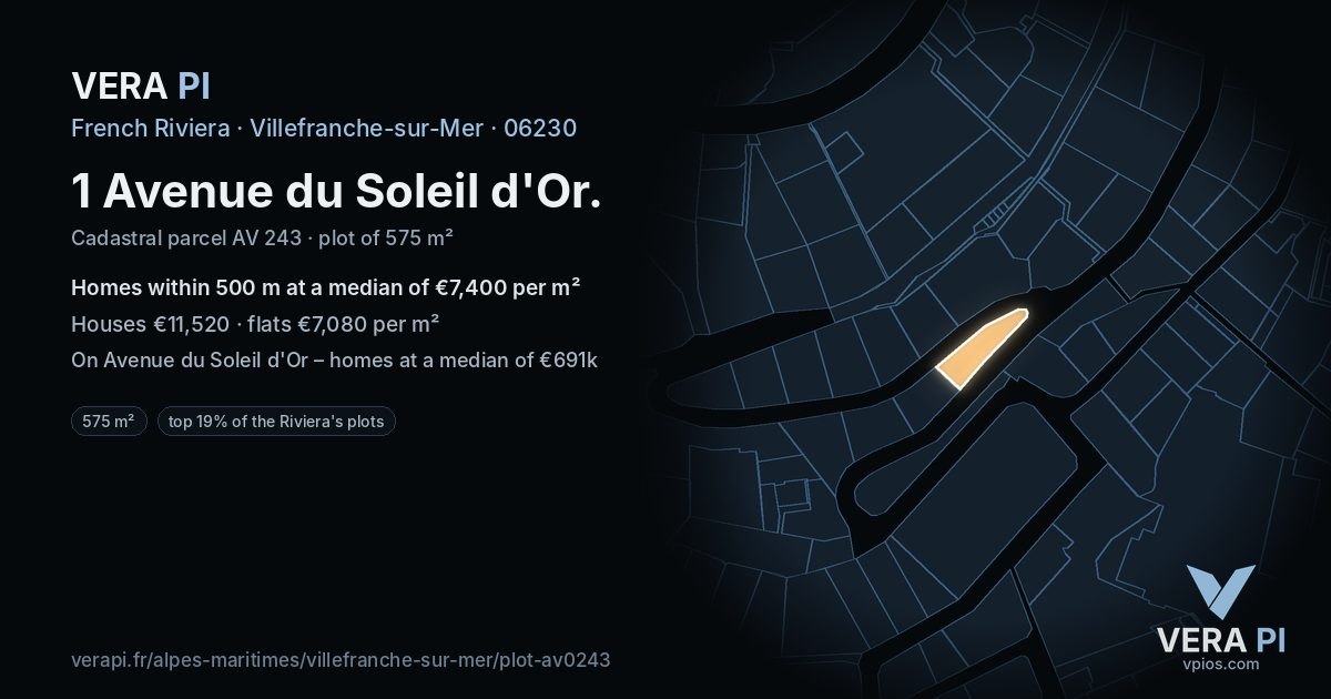 1 Avenue du Soleil d'Or, Villefranche-sur-Mer at night – the plot lit, the parcels around coloured by the prices near them