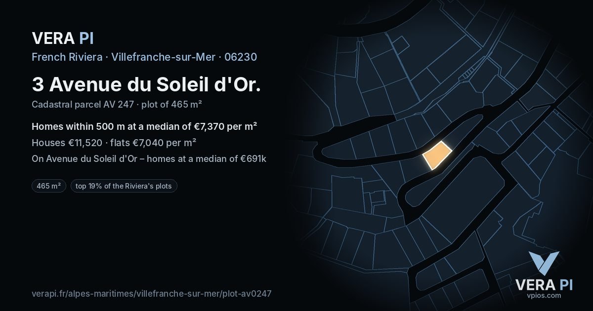 3 Avenue du Soleil d'Or, Villefranche-sur-Mer at night – the plot lit, the parcels around coloured by the prices near them