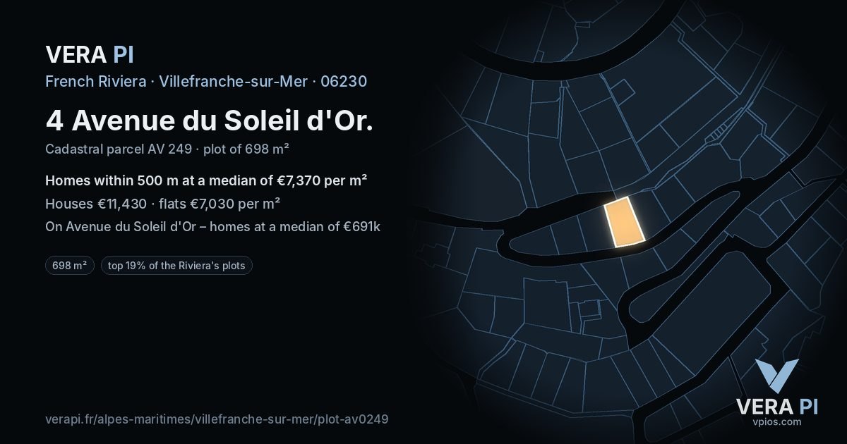 4 Avenue du Soleil d'Or, Villefranche-sur-Mer at night – the plot lit, the parcels around coloured by the prices near them