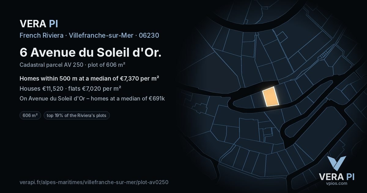 6 Avenue du Soleil d'Or, Villefranche-sur-Mer at night – the plot lit, the parcels around coloured by the prices near them