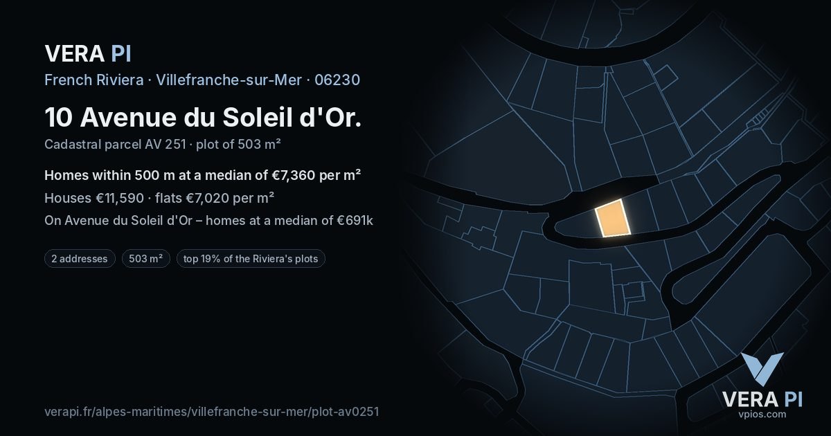 10 Avenue du Soleil d'Or, Villefranche-sur-Mer at night – the plot lit, the parcels around coloured by the prices near them