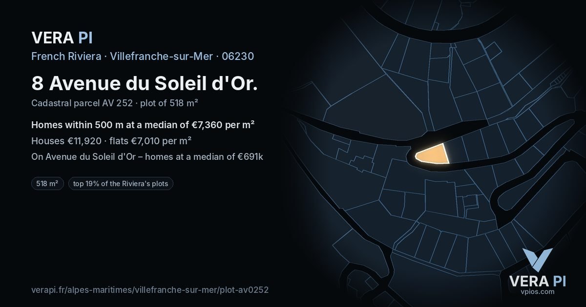 8 Avenue du Soleil d'Or, Villefranche-sur-Mer at night – the plot lit, the parcels around coloured by the prices near them