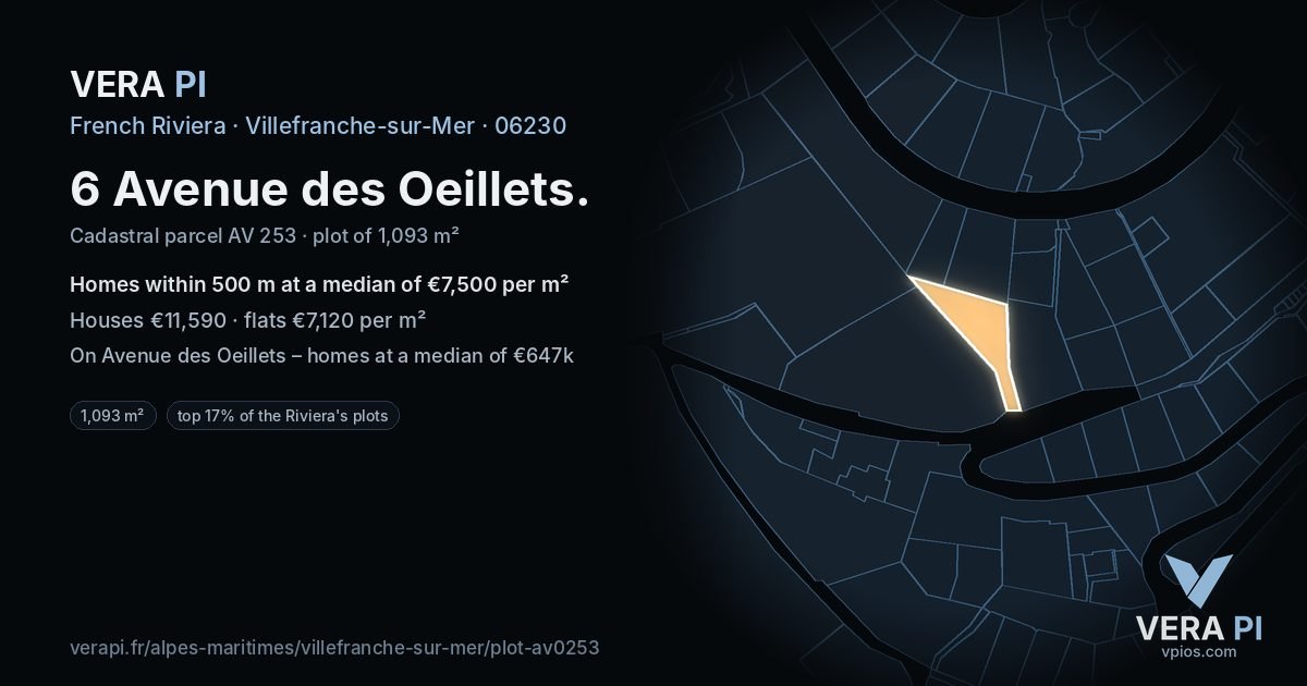 6 Avenue des Oeillets, Villefranche-sur-Mer at night – the plot lit, the parcels around coloured by the prices near them
