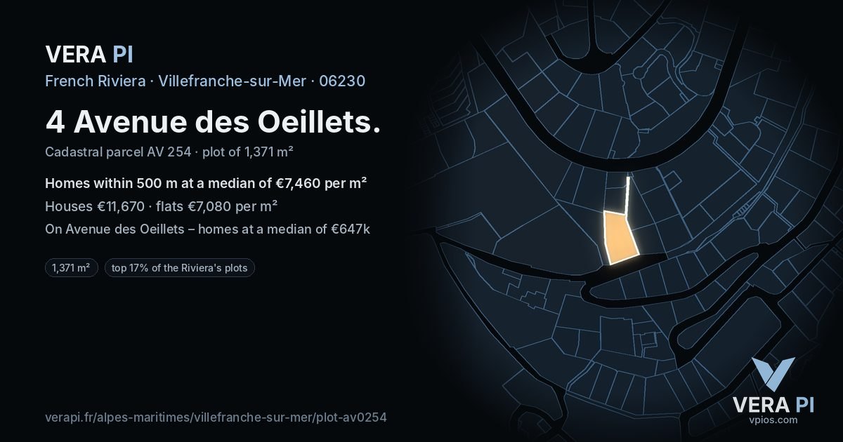 4 Avenue des Oeillets, Villefranche-sur-Mer at night – the plot lit, the parcels around coloured by the prices near them