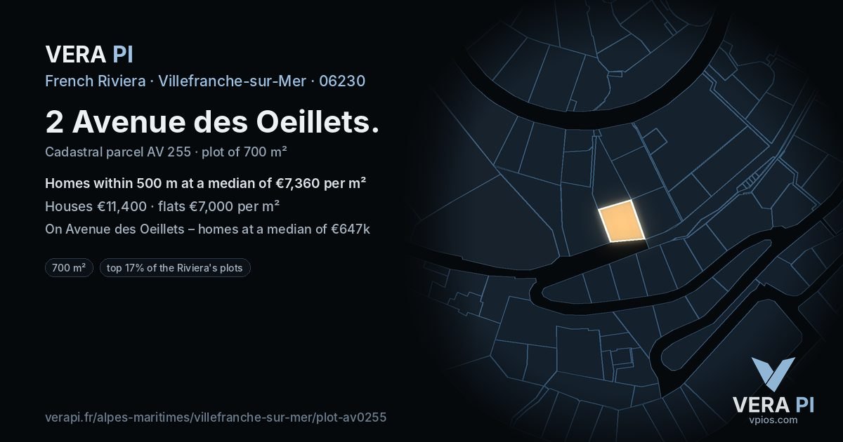 2 Avenue des Oeillets, Villefranche-sur-Mer at night – the plot lit, the parcels around coloured by the prices near them